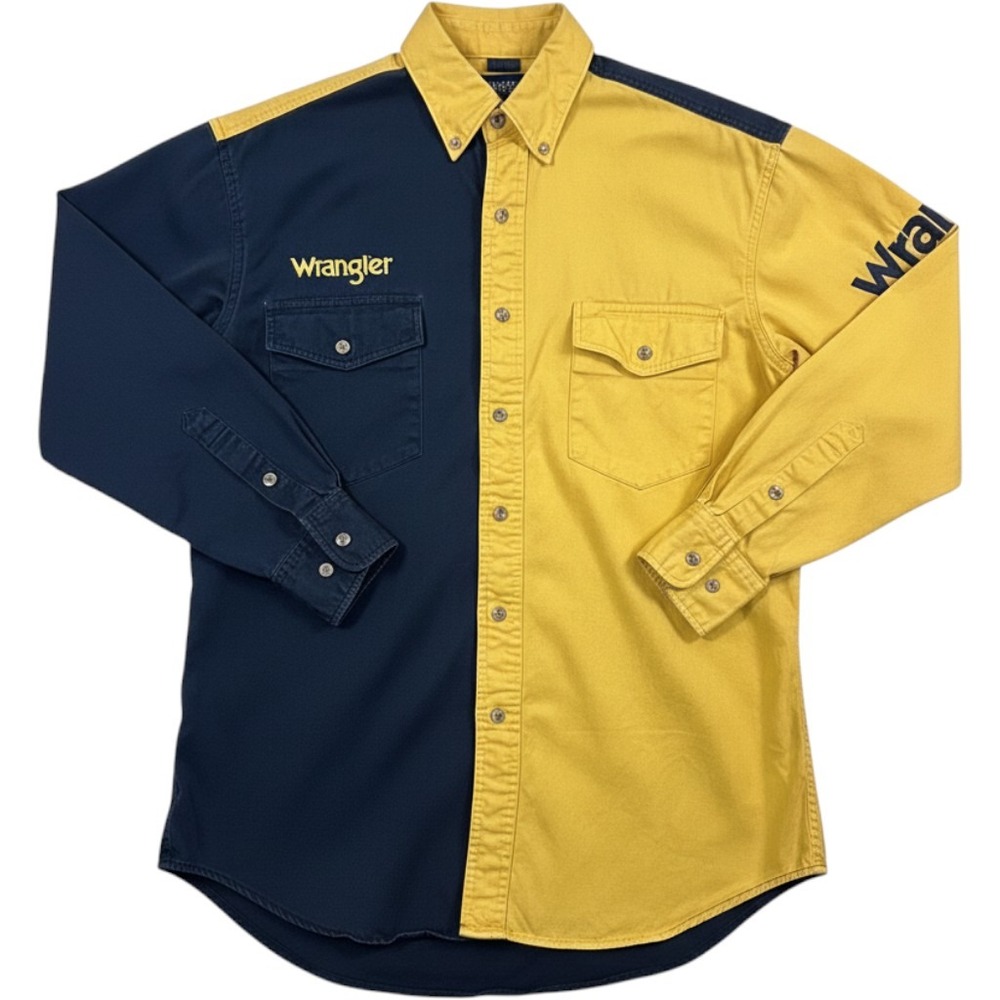 Wrangler Western Shirt Mens M Blue Yellow Colorblock Long Sleeve Button Down